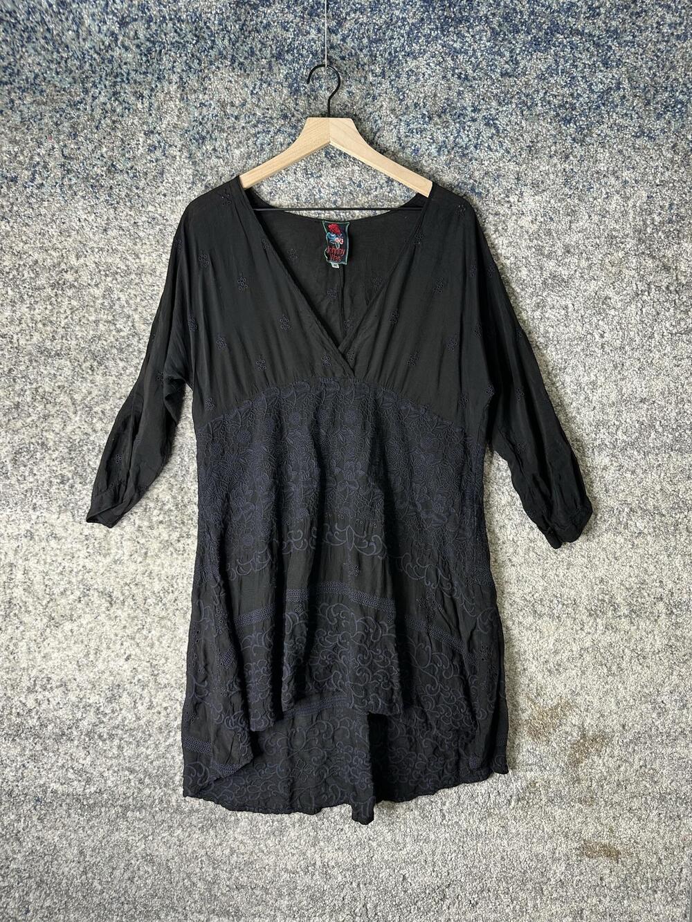 Johnny Was Dress Womens Medium Black Embroidered Floral Hi Low Trapeze Boho